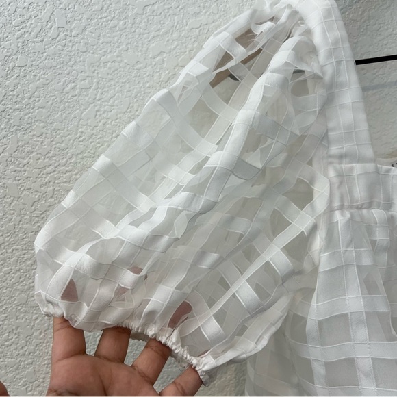 English Factory White Grid Pattern Puff Sleeve Organza Top- Size Extra Small - Picture 9 of 14